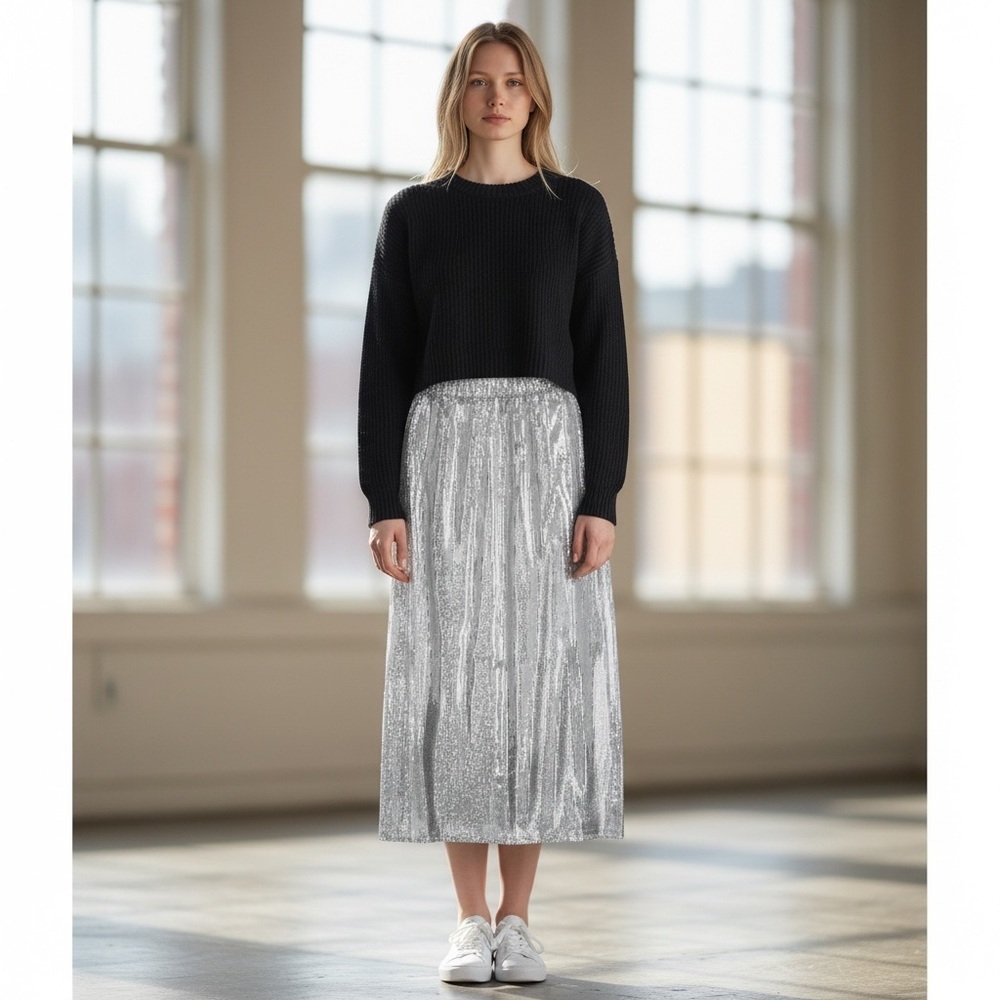 SERRA Ladies Silver Sequin A-Line Mid Length Skirt Size L NWT
